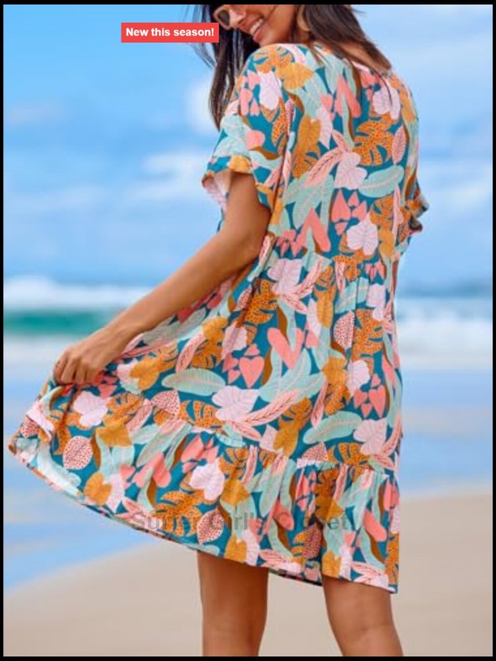 Tropical Ruffled Mini Dress V-Neck Short Sleeve Rayon A-Line Summer Casual - Picture 3 of 7